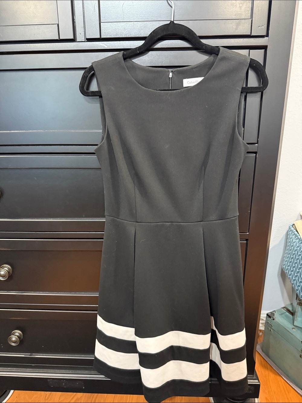 Calvin Klein Black Sleeveless Fit-and-Flare Dress with White Stripes